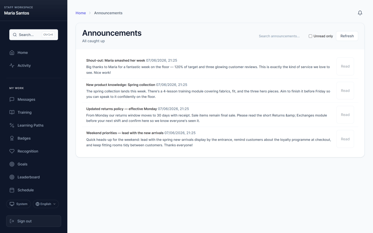 Staff reading a Staff Hub announcement on mobile